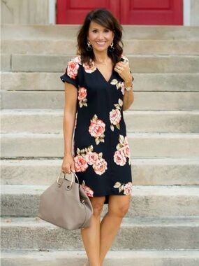 a new day Black Mini Dress with Pink Floral Pattern
